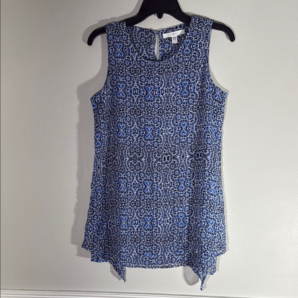 FEVER Blue and Black Sleeveless Top Women’s Size S Soft Gaza Asymmetrical